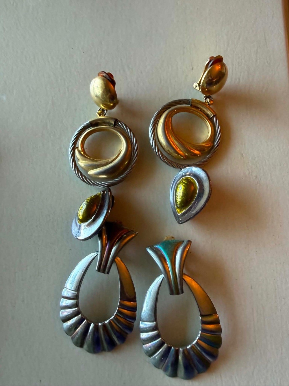 3 pair of Gold and Silver Two-Tone Drop Earrings with Olive Accent